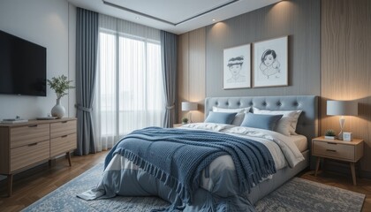 Stylized bedroom interior showcases a calming aesthetic with muted blues and natural wood tones,