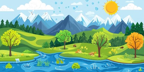 Fototapeta premium An infographic of the water cycle in a natural ecosystem. 