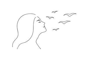 Minimalist woman profile with birds flying free line art illustration
