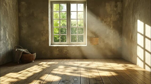 Rustic window with warm sunlight casting glow on weathered wall. 