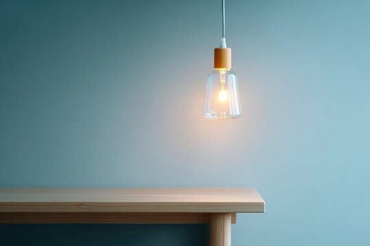 empty wooden table under dimly lit light bulb suggesting enigmatic atmosphere shadows on blank wall