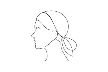 Minimalist continuous line drawing of a woman wearing headscarf in profile