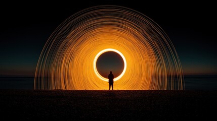 Silhouette of a person standing in front of glowing orange light circle with motion trails at night evoking mystery and cosmic energy