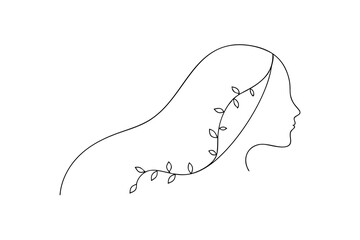 Minimalist woman silhouette with flowing hair and delicate vine branch accent