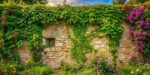 Fototapeta premium Ancient stone herb wall with lush greenery and vines covered in wildflowers, ancient stonework