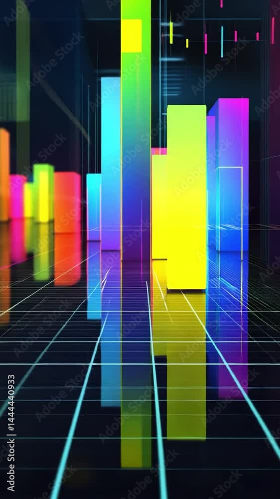 Poster vibrant digital data visualization with colorful bars and grids