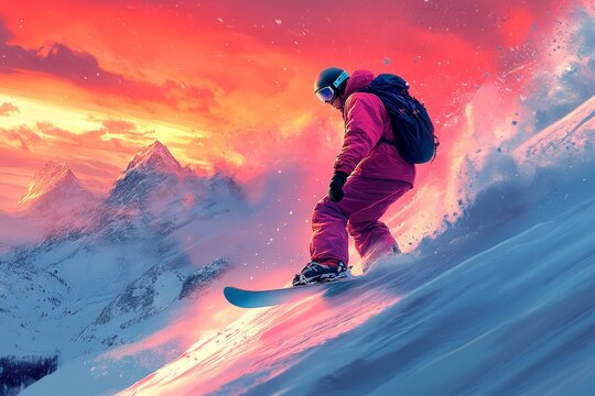 Skier sunset mountains snow powder adventure