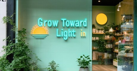 Obraz premium Shopfront displays Grow Toward Light signage. Plants visible inside, creating inviting atmosphere. Green wall adds natural touch.