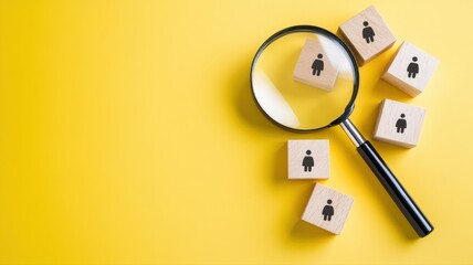 Human Resources Search: Wooden Blocks and Magnifying Glass on Yellow human resources recruitment job