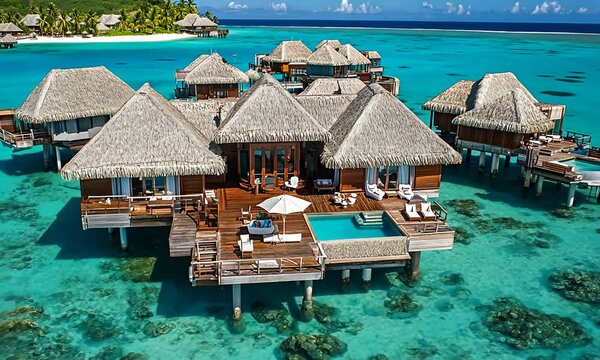 Overwater bungalows sit atop crystalline waters, a tropical paradise escape