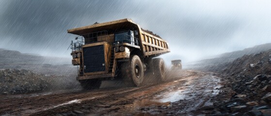 mining truck haulage concept. Heavy dump truck navigating a muddy construction site in rainy weather.