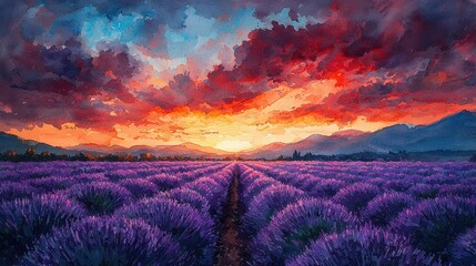 Vibrant sunset over a lavender field
