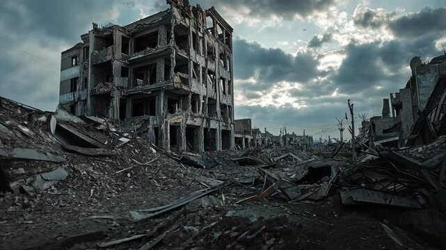 Desolate urban landscape with a ruined building under a dramatic sky