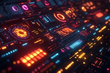 Fototapeta premium Futuristic digital interface, glowing controls, dark background, technology concept