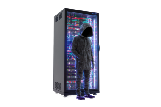 Hooded figure standing beside illuminated server rack, cut out