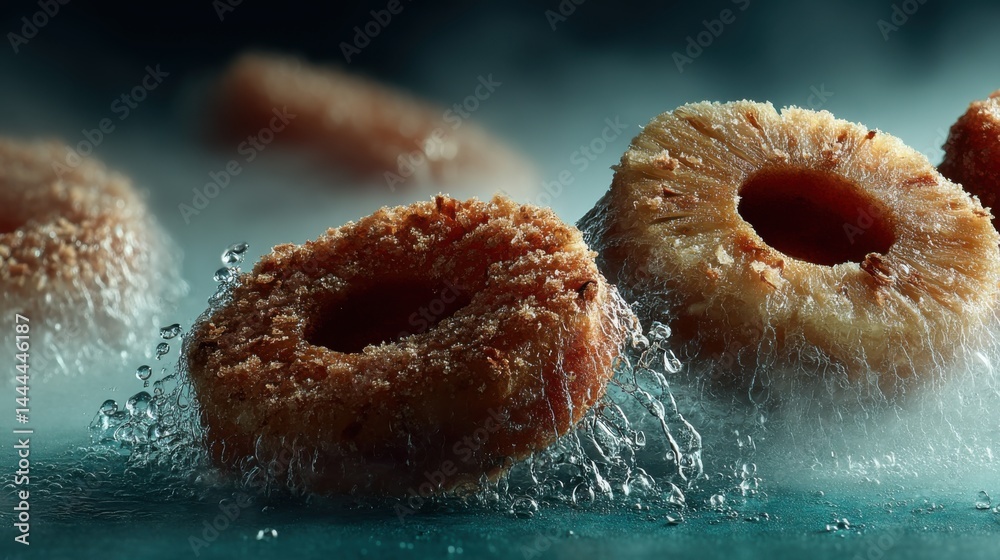 Poster close-up of fried food rings with water splashes creating a refreshing look