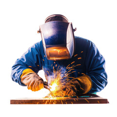 Skilled welder wea protective gear performing arc welding with bright sparks producing intense light and heat on metal surface in industrial workshop setting