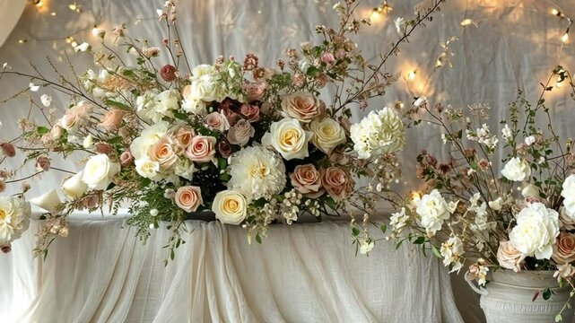 Elegant floral arrangement featuring roses and peonies on a draped table