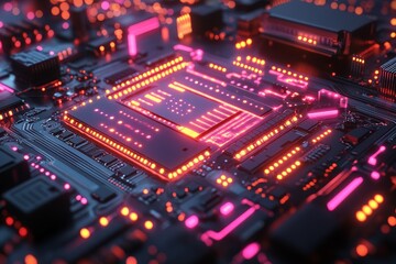 Obraz premium Illuminated CPU on circuit board, data processing