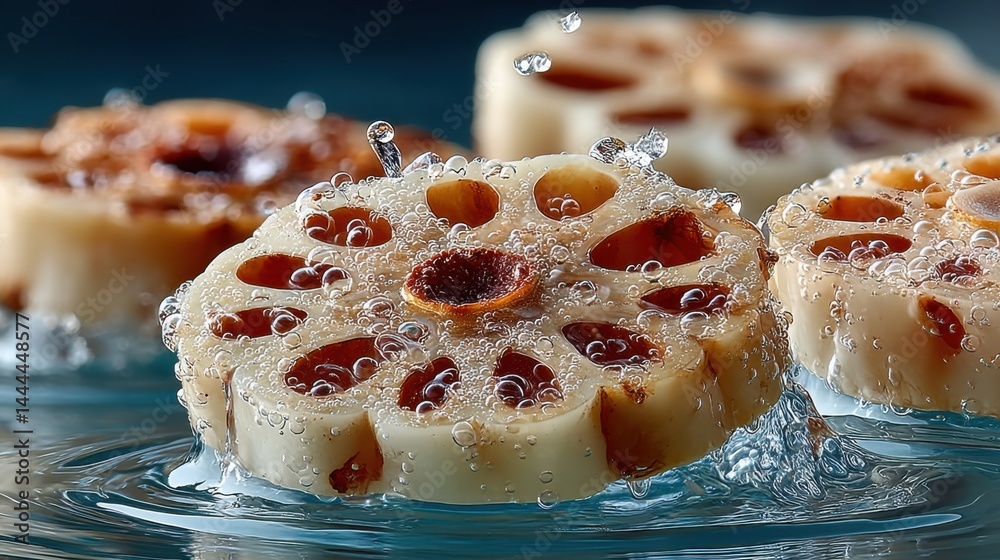 Poster close-up of lotus root slices in water with bubbles and a blue background