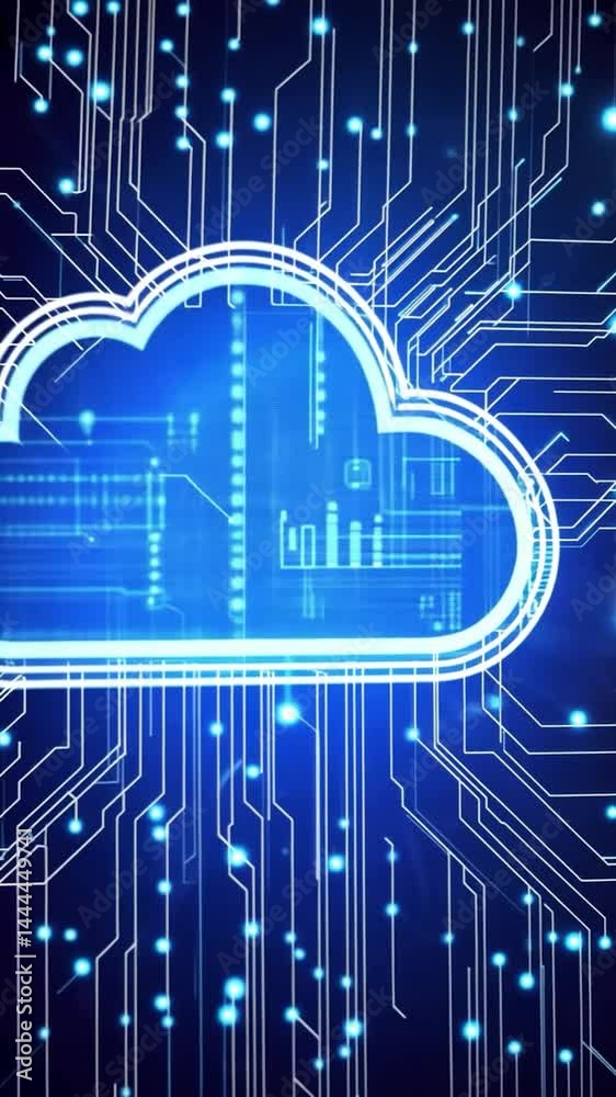 Poster abstract representation of cloud computing with circuit lines and blue lights