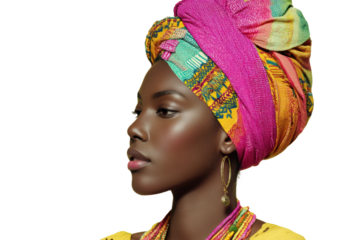Vibrant portrait of african young woman with colorful headwrap and jewelry, cut out