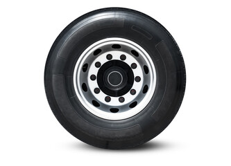Fototapeta premium Truck Wheels Tire on White Background, Chrome Rims, Alloy Wheels. Big rig, Semi Trailer Truck Wheels. Freight Truck Logistics Transport. 