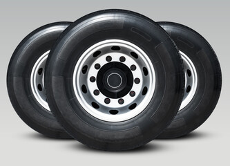 Obraz premium Truck Wheels Lined up. Truck Wheels and Tires. Chrome Rims, Alloy Wheels. Big rig, Semi Truck. Freight Truck Logistics Transport. 