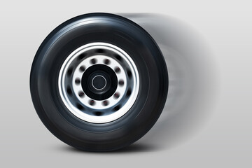 Motion of Fast Spinning Truck Wheels. Chrome Rims, Alloy Wheels. Big rig, Semi Truck Wheels. Freight Truck Logistics Transport.	
