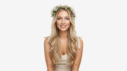 Portrait of young woman in 30s with summer flower wreath on her head, blonde long blond hair, dressed plain light dress, gentle smile, no makeup, natural beauty, isolated on simple white background.