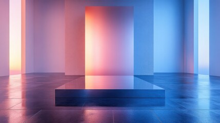 Polished square mirror podium against a reflective backdrop with gradient light effects 