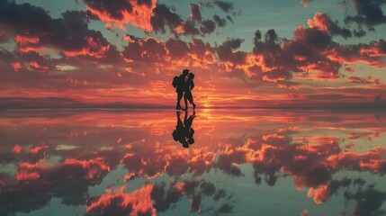 Obraz premium Silhouette couple embracing at sunset, mirrored reflection.