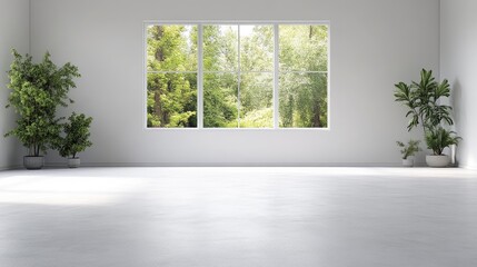 Bright, minimalist room with large window overlooking a garden