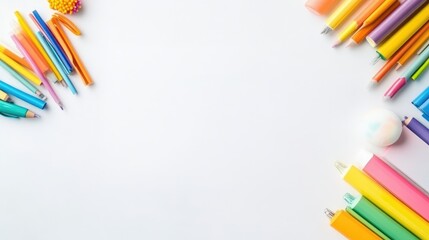 Colorful school supplies arranged on a white background