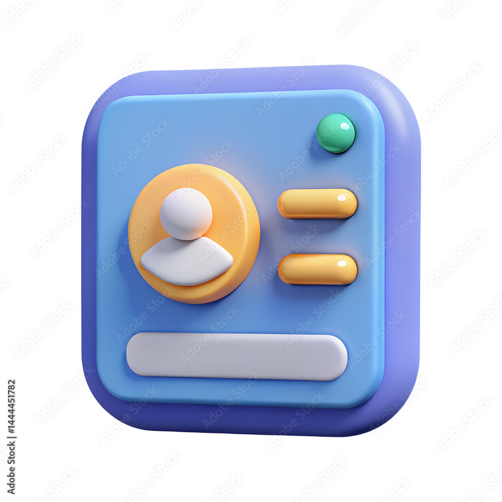 Poster 3d render of a user profile interface with rounded elements on a background