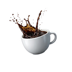 Fresh coffee splash in white cup isolated on black background drink on transparent background