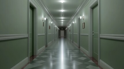 Mysterious Green Hotel Corridor: A Long, Empty Hallway