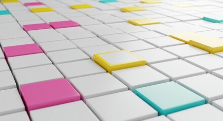 Abstract background of white cubes with pink yellow and blue accents in a grid pattern design