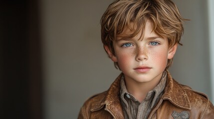 Portrait of a Young Boy with Freckles and Brown Hair Wearing a Leather Jacket