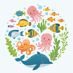 Colorful Ocean Life Illustration Featuring Various Sea Creatures