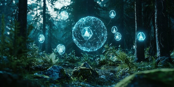 forest tech concept with 3D sustainability icons floating above a natural orb - Powered by Adobe