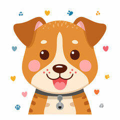 Fototapeta premium Cute Cartoon Dog Portrait With Hearts And Paw Prints On White Background