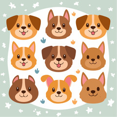 Cute Cartoon Dogs Illustration Happy Puppy Faces Digital Art