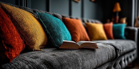 Cozy Couch with Colorful Pillows and Book