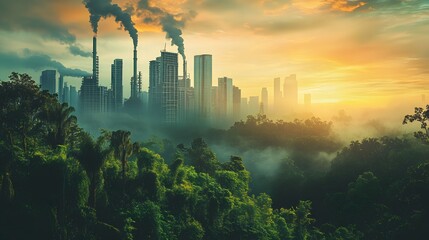 A city with a lot of smoke and fog in the background. The sky is orange and the sun is setting