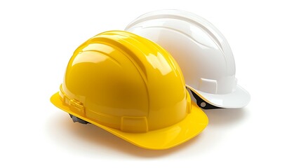 Fototapeta premium Two Protective Hard Hats Yellow and White on a White Background Safety Equipment