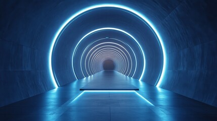 Futuristic tunnel with glowing blue rings.