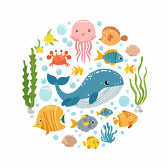 Whimsical Colorful Cartoon Ocean Animals Illustration