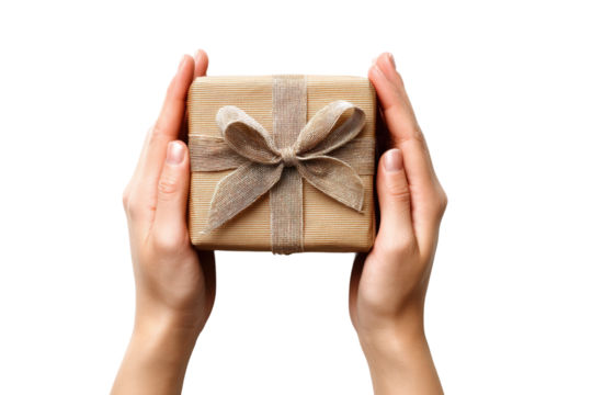 Hands holding gift box with ribbon: female hands presenting wrapped surprise, cut out