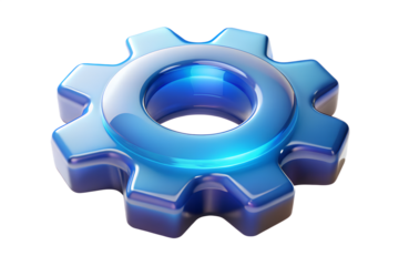 Glossy blue cogwheel gear on background machine part mechanism symbol technology design element